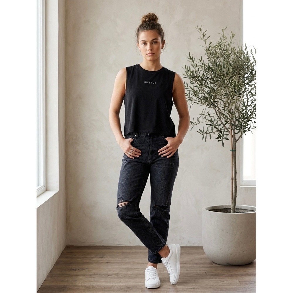 Lovers of hYOUman Hustle Muscle Tank Top Black Cropped Graphic Sleeveless Tee L